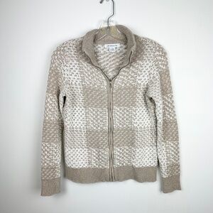 Liz Claiborne Taupe and White Plaid Checkered Knit Zip Sweater Ribbed Hem